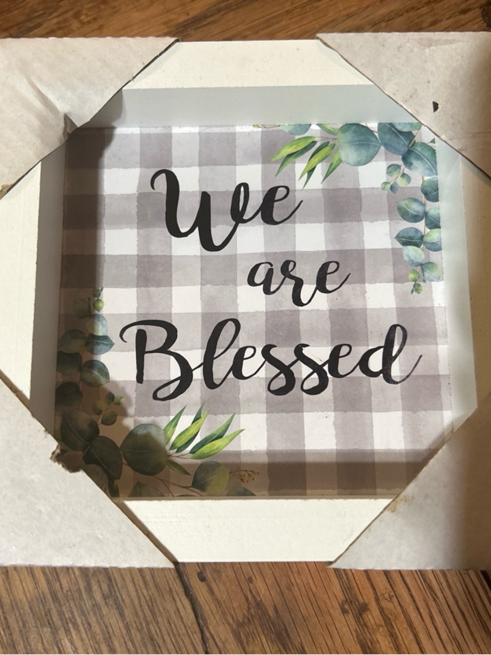 We Are Blessed Wall Art - Gray Plaid with Green Eucalyptus
